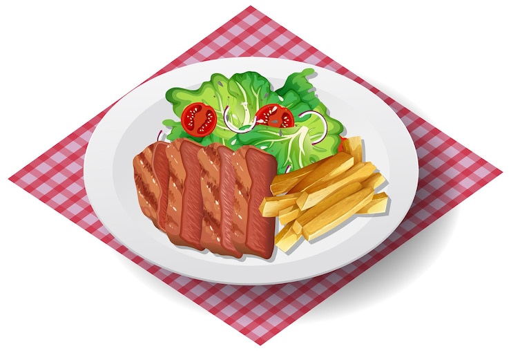Vector desayuno saludable con bistec y ensalada y patatas fritas
