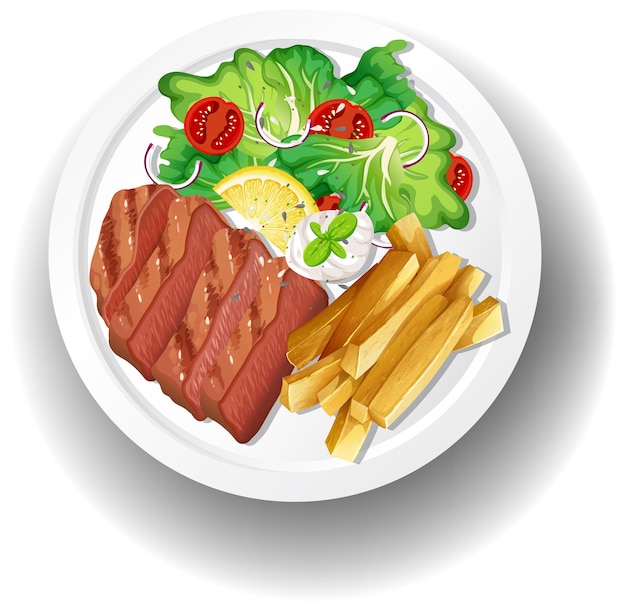 Desayuno saludable con bistec y papas fritas y ensalada.