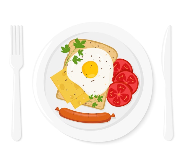 Desayuno saludable Sándwich delicioso con salchichas de huevo frito pedazos de tomate de queso en un plato blanco Platos y cubiertos Ilustración de estilo plano vectorial