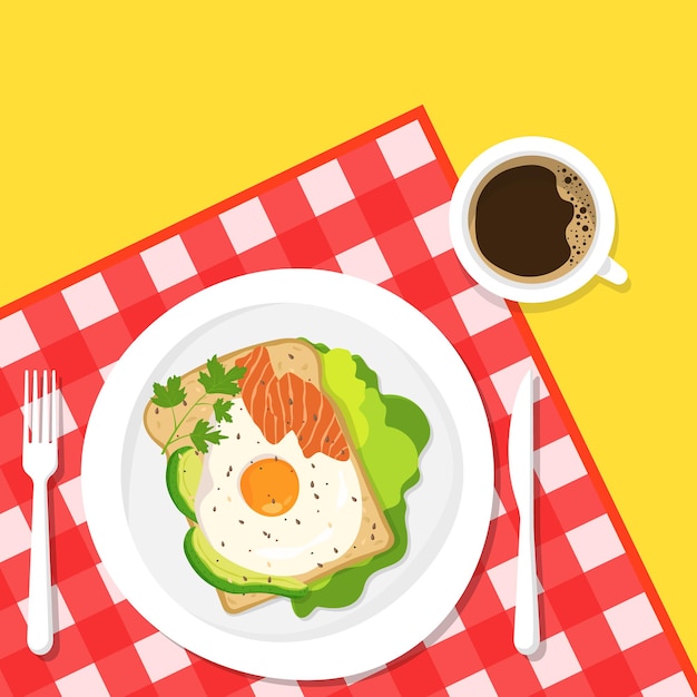 Desayuno saludable. Una taza de café y un delicioso sándwich con aguacate, salmón y huevo frito y hierbas en el fondo de un mantel a cuadros.