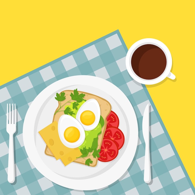 Desayuno saludable. Taza de café y delicioso sándwich con huevo duro, queso y tomate y hierbas con el telón de fondo de un mantel a cuadros. Ilustración de estilo plano de vector