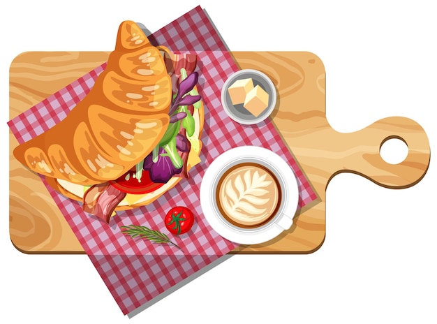 Vector desayuno con sándwich de croissant y una taza de café en la placa de madera