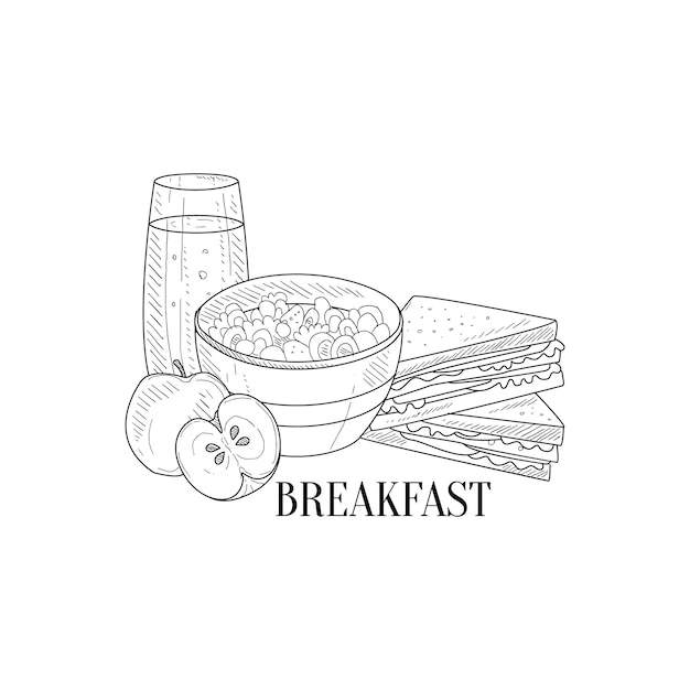 Desayuno Con Sándwich De Gachas De Avena Y Jugo Dibujo Realista Dibujado A Mano