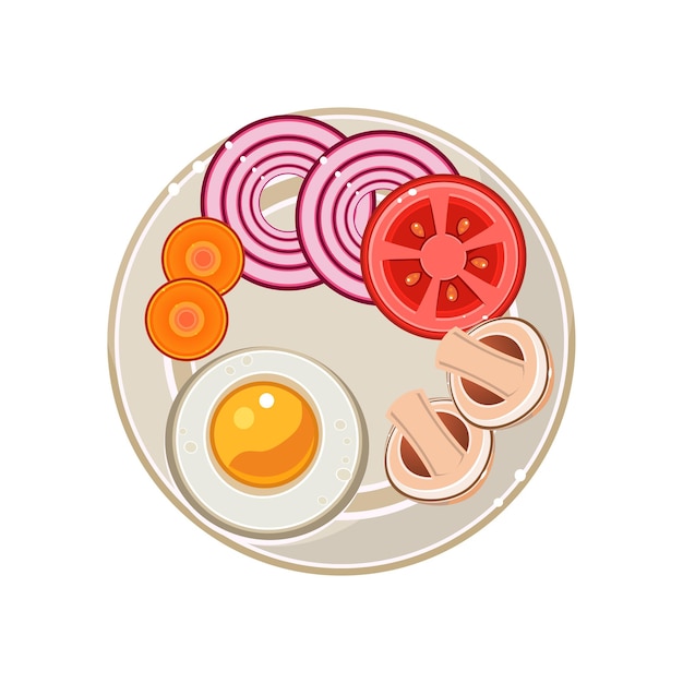 Desayuno servido con huevo frito y verduras. Ilustración vectorial colorida