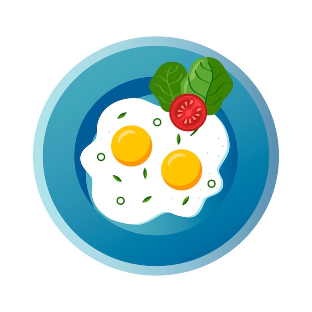 Desayuno servido. Huevos fritos con tomates y hierbas en un plato. Comida vectorial. Desayuno saludable.