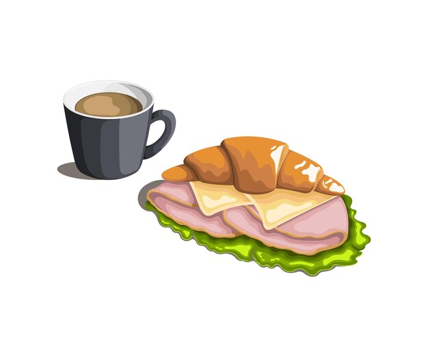 Vector desayuno taza de café y croissant con jamón queso y ensalada