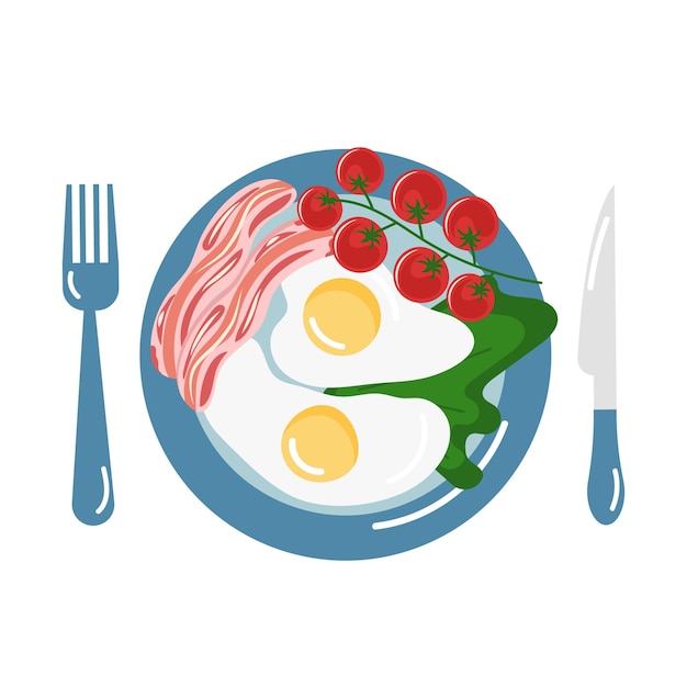 Vector desayuno tradicional inglés de huevos revueltos tocino con verduras ilustración vectorial de la comida