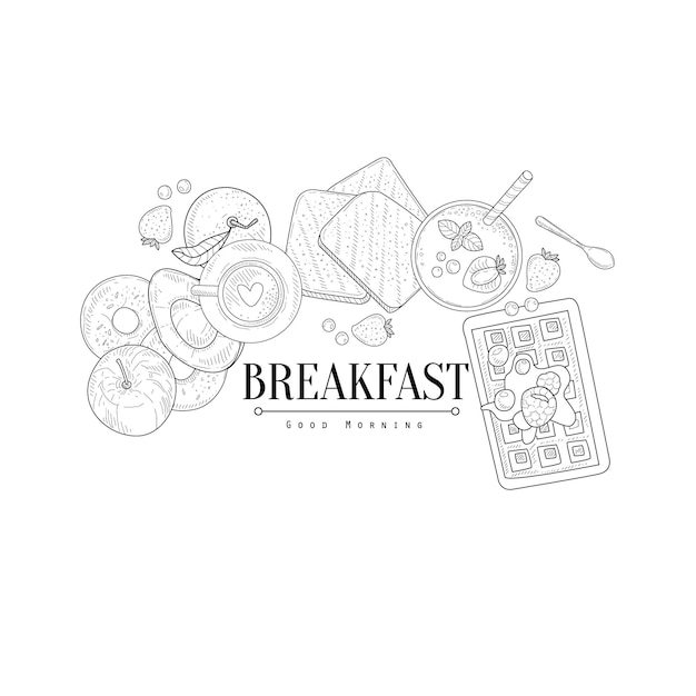 Desayuno Con Waffle Y Aguacate Boceto Realista Dibujado A Mano