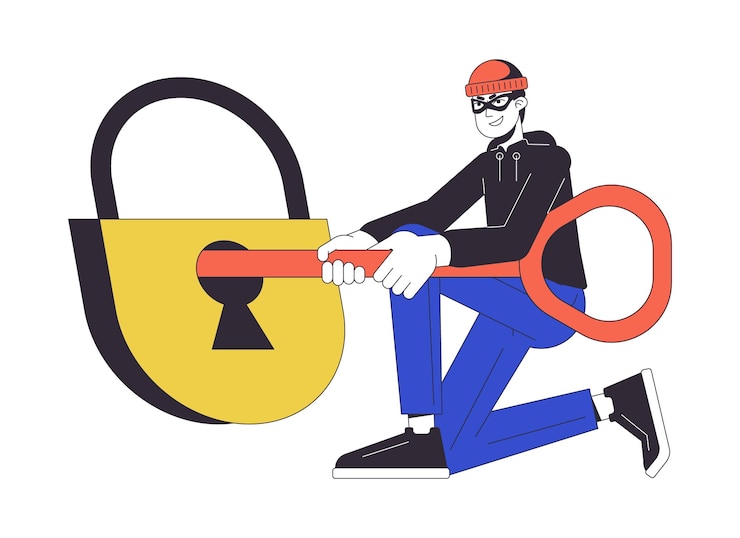 Vector desbloquear candado por clave línea plana concepto ilustración de punto vectorial hacker en máscara tratando de abrir bloqueo contorno de dibujos animados 2d personaje en blanco para diseño de interfaz de usuario web imagen de héroe de color aislado editable