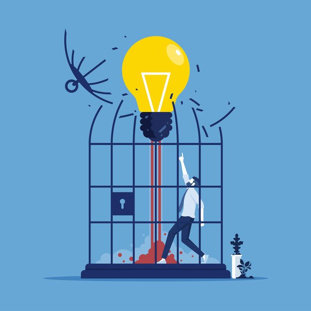 desbloquee el concepto de idea de negocio Empresario lanzando una idea de bombilla de cohete para romper la jaula de pájaros
