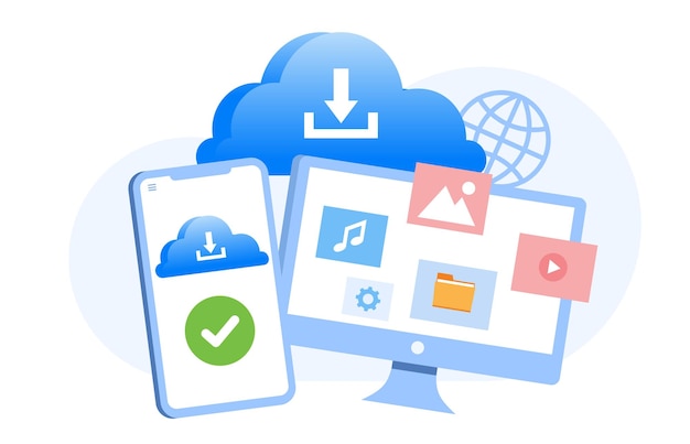 Descarga de archivos del sistema en la nube concepto de protección de la base de datos gestión de archivos del centro de datos ilustración plana pancarta vectorial