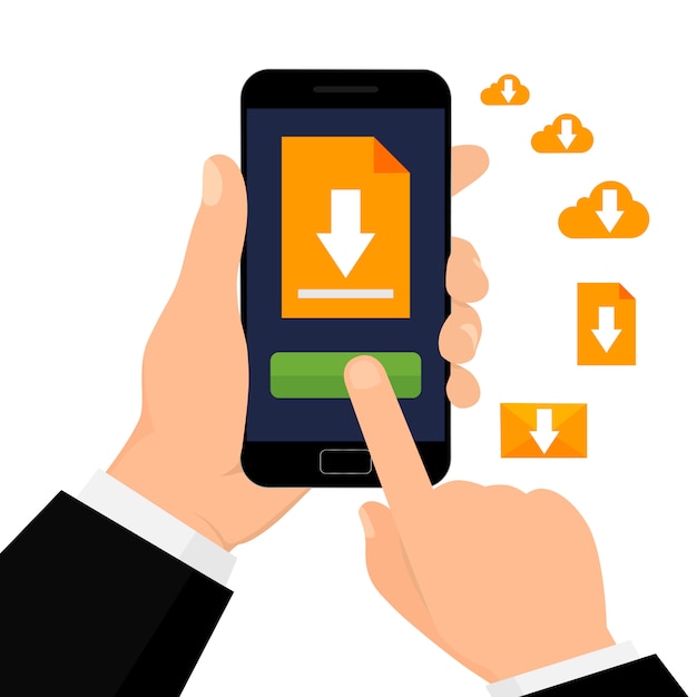 Descarga de archivos con teléfono. La mano sostiene el teléfono inteligente con botón de descarga. Ilustración vectorial