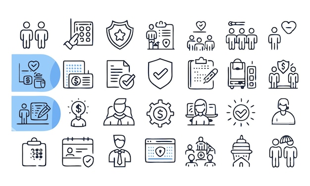 Descarga de los beneficios de los empleados Iconos de esquema de trazos editables establecidos aislados en un vector plano de fondo blanco