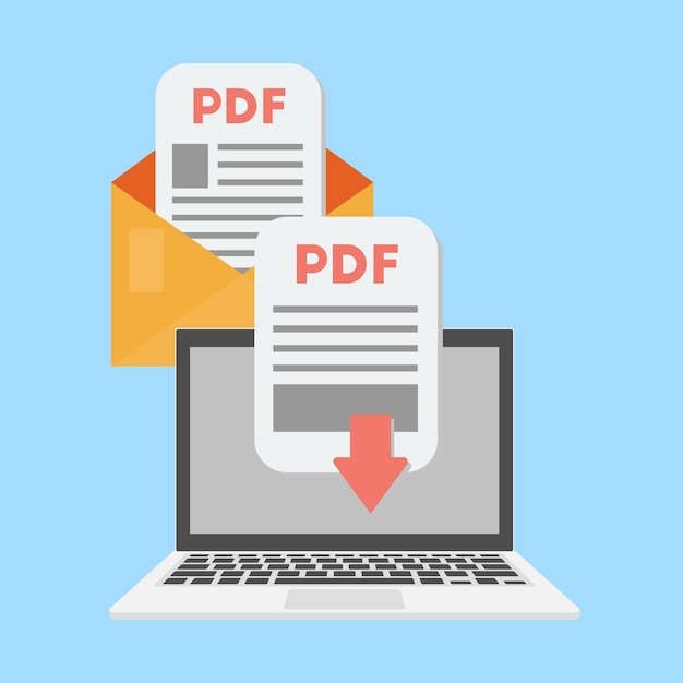 Vector descarga de documentos pdf en el concepto de computadora portátil recibir pdf en el mensaje vector