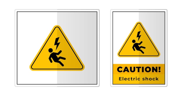 Descarga eléctrica peligro amarillo precaución signo etiqueta símbolo icono vector ilustración