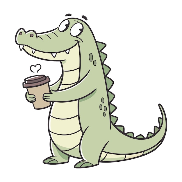 Descarga el lindo cocodrilo bebiendo café Ilustración del icono vectorial de dibujos animados Este concepto de diseño