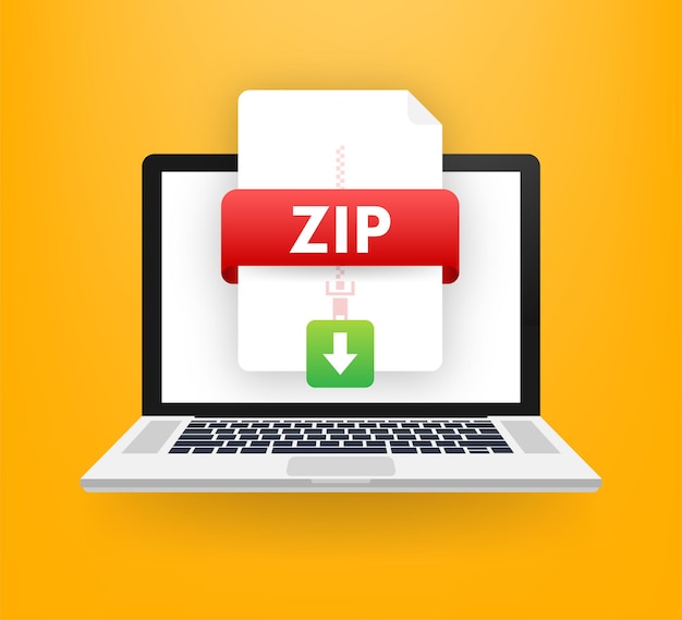 Descargar el botón zip en la pantalla del portátil descargando el concepto de documento