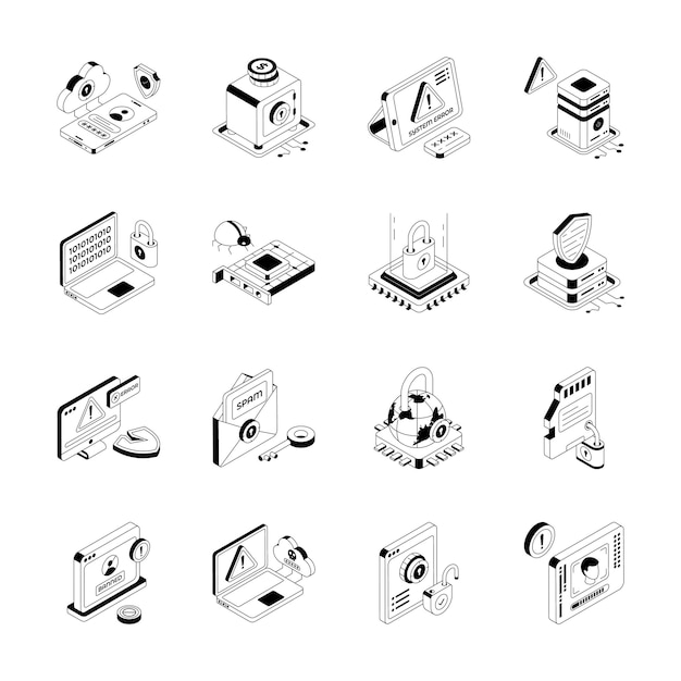 Descargar colección de esquemas isométricos premium que muestran iconos de ciberseguridad