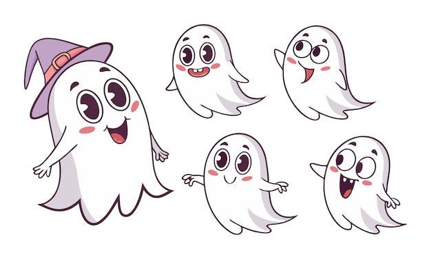 Descargar un conjunto de iconos de fantasmas de dibujos animados aislados en diferentes poses Ilustración vectorial esto
