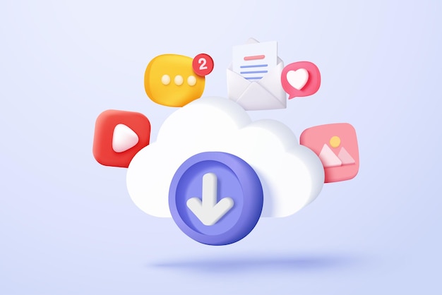 Descargar documento de archivo multimedia en 3D desde la gestión en la nube Descargar imagen y contenido de video archivo digital Aplicación con icono de notificación de transferencia de datos Icono de almacenamiento en la nube 3D Ilustración de renderización vectorial