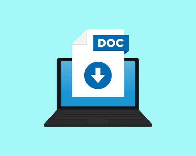 Vector descargue el archivo del icono doc con la etiqueta en la pantalla del portátil descargando el concepto de documento banner para empresas