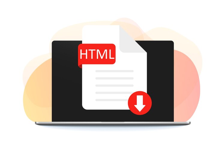 Vector descargue el archivo de icono html con la etiqueta en la computadora de la pantalla. descargando el concepto de documento.