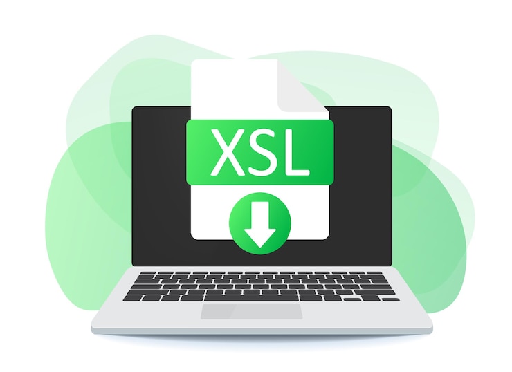 Vector descargue el botón xsl en la pantalla del portátil. descargando el concepto de documento. etiqueta xsl y signo de flecha hacia abajo.