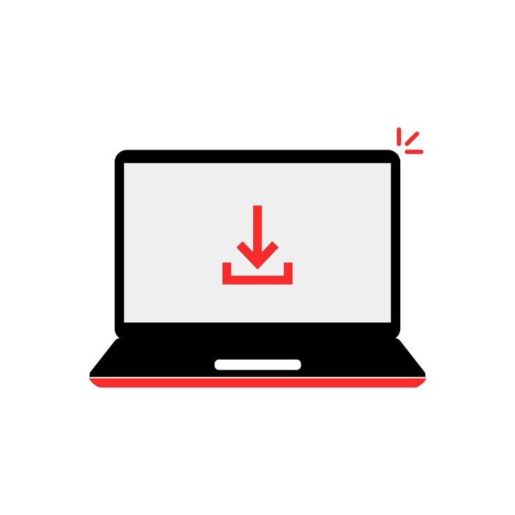 Vector descargue la flecha en la computadora portátil roja en el concepto blanco de actualización o carga de software y estado de carga de torrent dibujos animados estilo plano mínimo tendencia moderno logotipo simple elemento de diseño gráfico
