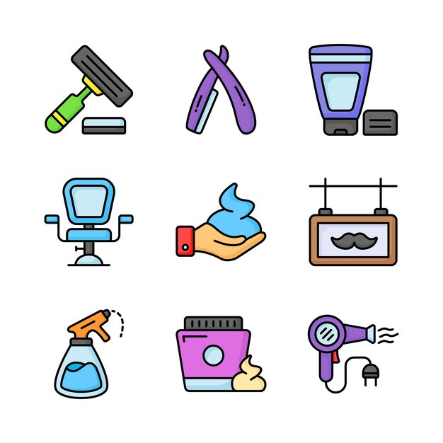 Descargue este increíble conjunto de iconos de barbería aislados sobre un fondo blanco