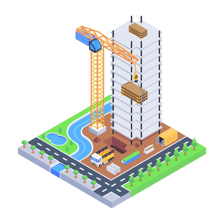 Vector descargue esta increíble ilustración isométrica del edificio de construcción.