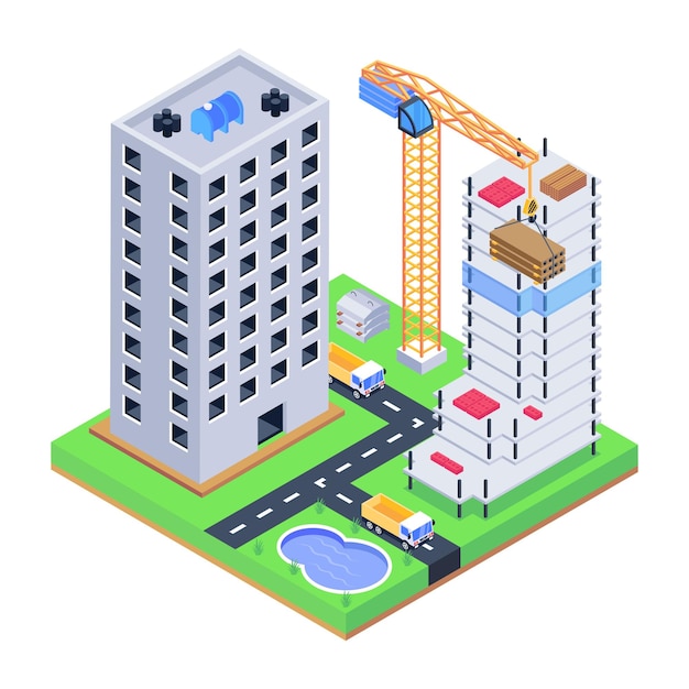 Vector descargue esta increíble ilustración isométrica del edificio de construcción.