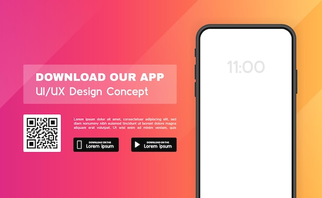 Descargue nuestra aplicación de banner publicitario Aplicación para teléfono móvil Plantilla de maqueta de teléfono para su aplicación Ilustración vectorial moderna
