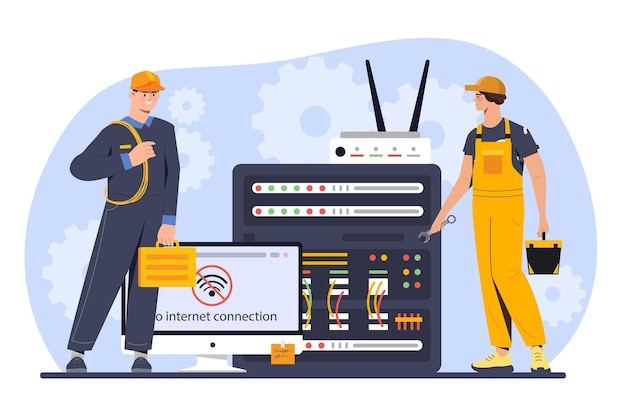 Desconectar el concepto de Internet Hombres en uniforme reparando el router solucionando problemas con la conexión inalámbrica Equipo para la comunicación e interacción en línea Ilustración de vector plano de dibujos animados