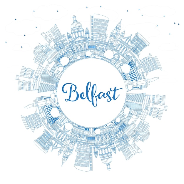 Vector describir el horizonte de la ciudad de belfast, irlanda del norte, con edificios azules y espacio de copia el paisaje urbano de belfast con puntos de referencia el concepto de viaje y turismo con arquitectura histórica