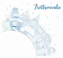 Vector describir el horizonte de la ciudad de katmandú, nepal, con edificios azules y copiar la ilustración vectorial del espacio el paisaje urbano de katmendú con puntos de referencia viajes de negocios y turismo concepto con arquitectura histórica