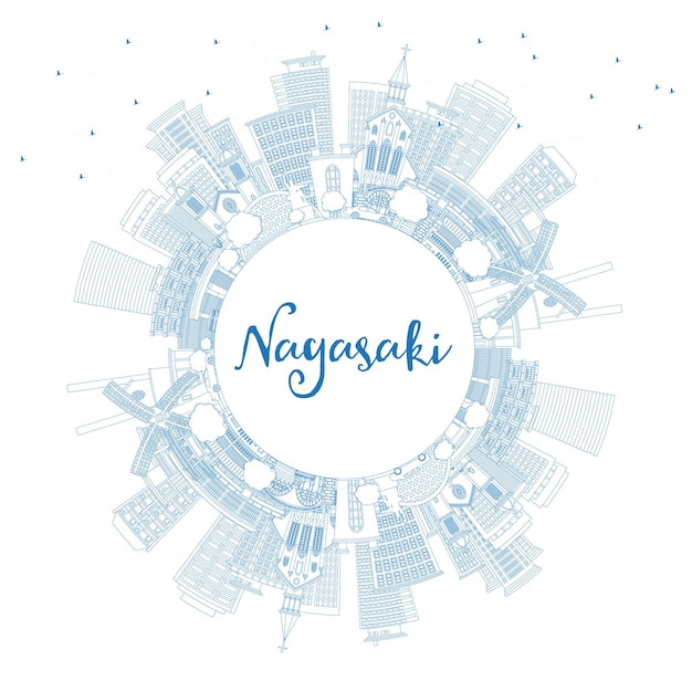 Vector describir el horizonte de la ciudad de nagasaki japón con edificios azules y copiar la ilustración vectorial del espacio el paisaje urbano de nagasaki con puntos de referencia viajes de negocios y turismo concepto con arquitectura histórica