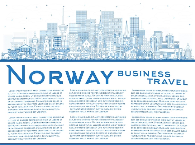 Vector describir el horizonte de la ciudad de noruega con edificios azules y espacio de copia concepto con arquitectura histórica y moderna paisaje urbano de noruega con puntos de referencia oslo stavanger trondheim bergen