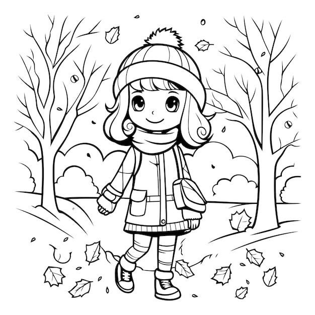 Vector descripción de página de colorear de una niña linda caminando en el parque