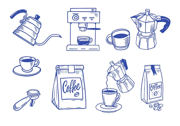 Descubra bocetos artísticos conjunto de herramientas de café tazas y amantes del café y diferentes marcas