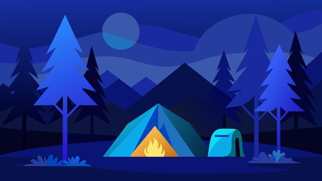Descubra el Encanto Una tienda azul en medio del bosque con una obra de arte vectorial de fogata