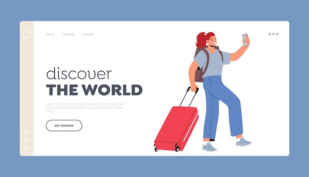 Descubra la plantilla de la página de destino del mundo Personaje turístico femenino caminando con bolsa y teléfono inteligente Ilustración vectorial
