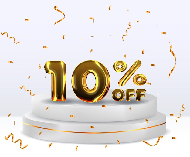 Descuento de 10 en el fondo de venta de números dorados 3D 10 descuento en 3D con signo porcentual Templa de promoción