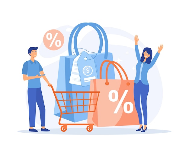 Vector descuento para compras en línea gente feliz con cesta de compras y bolsas de compras