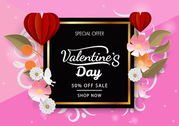 Descuento del día de Valetine con globo rojo y flor.