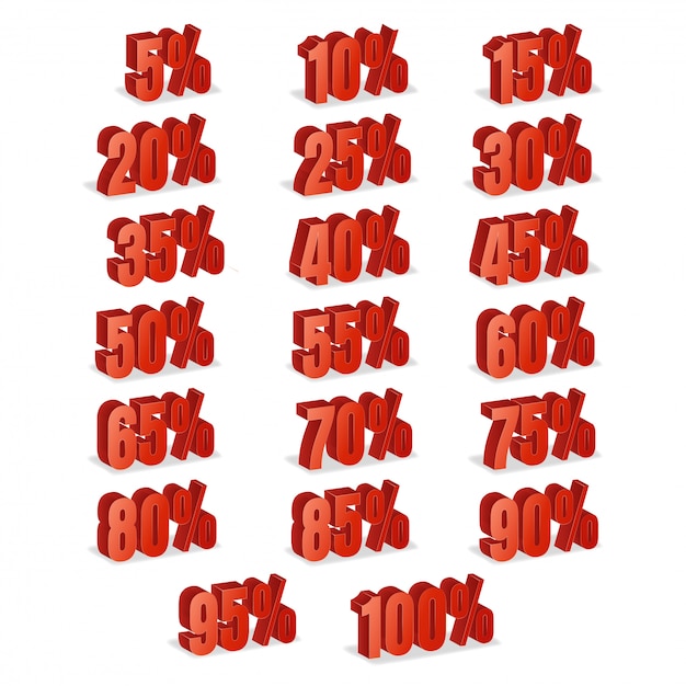 Descuento números 3d vector. Icono rojo del porcentaje de la venta fijado en el estilo 3D aislado en el fondo blanco.