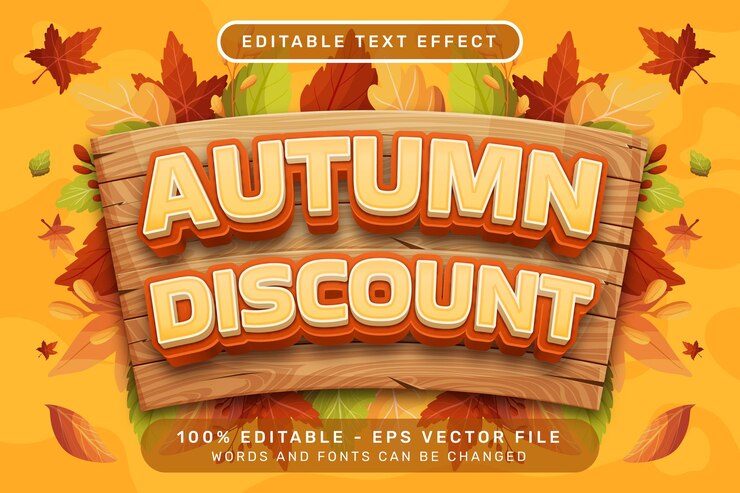 Vector descuento de otoño efecto de texto 3d y efecto de texto editable con ilustración de hoja de otoño