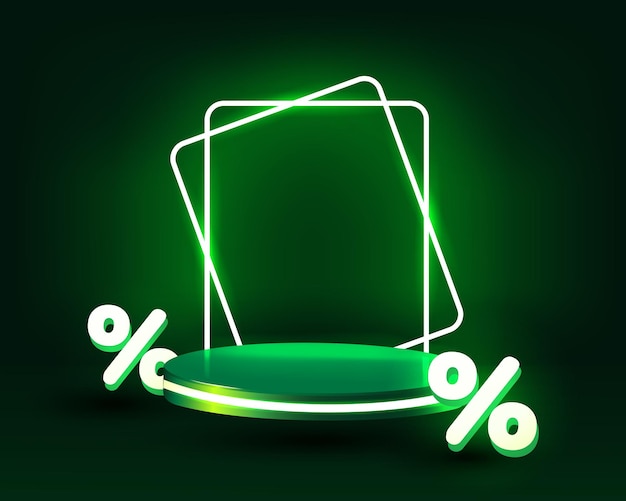 Descuento podio 3d vacío verde flotando en el aire con marcos rectangulares de neón en el fondo