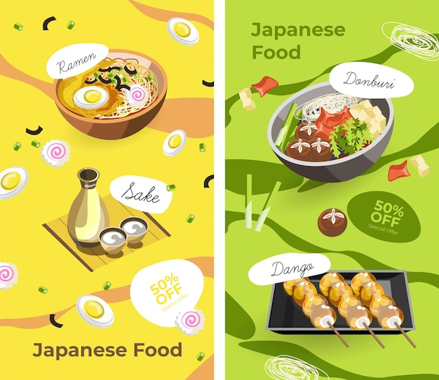 Descuentos de banner promocional de menú de comida japonesa.