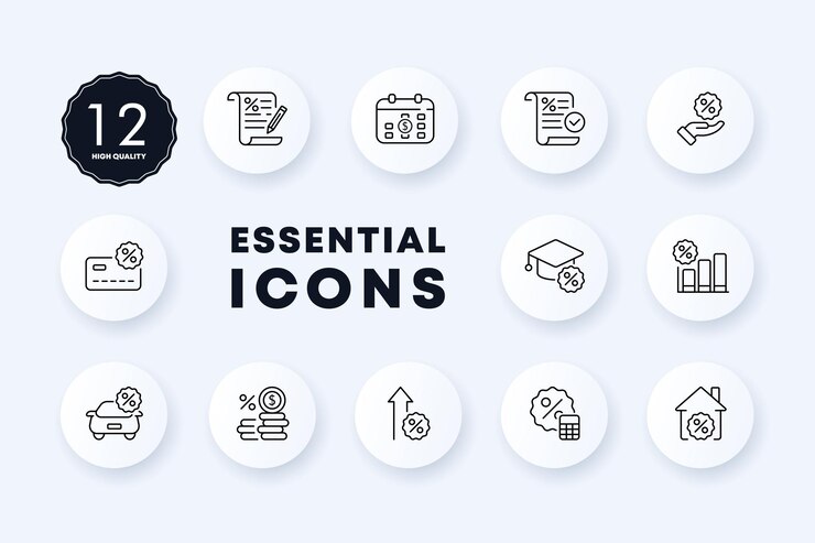 Descuentos establecer icono Inversión barato precio bajo dólar centavo tiempo para pagar tarjeta informe de contabilidad escribir un cheque por ciento Concepto de gestión financiera Estilo de neomorfismo Icono de línea vectorial
