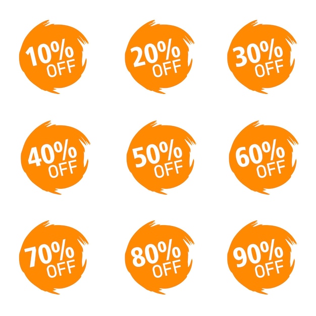 Descuentos números de porcentaje signo en colores naranja y blanco aislados en fondo blanco